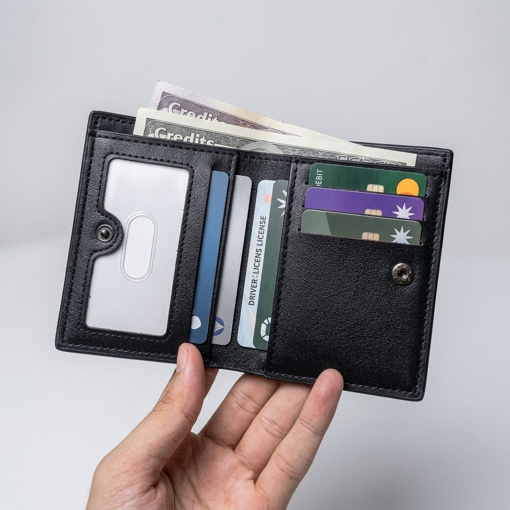 Balebaily Croc Texture Bifold Wallet – Compact Card Holder with ID Window, Cash Pocket & Tuck Lock - Black