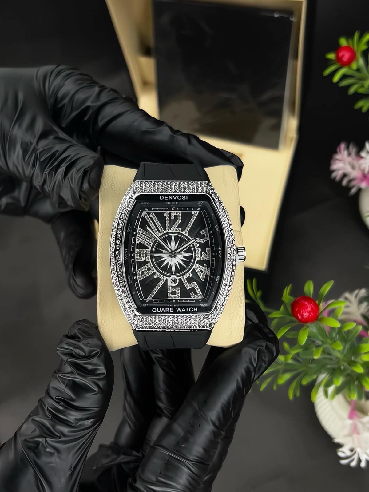 Denvosi Luxury Diamond Studded Strap Men’s Watch Elegant Durable Stylish Premium Choice For Parties Daily Wear And Special Occasions (Without Box) - Black