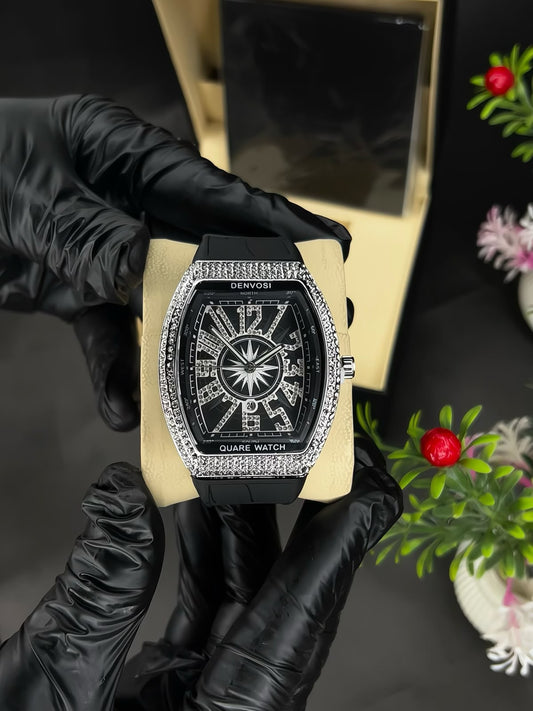 Denvosi Luxury Diamond Studded Strap Men’s Watch Elegant Durable Stylish Premium Choice For Parties Daily Wear And Special Occasions (Without Box) - Black