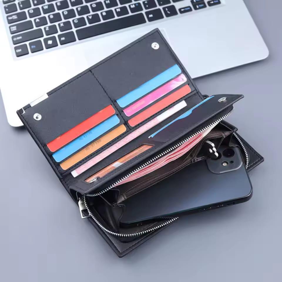 Baellerry Men's Long PU Leather Wallet Clutch with Wristlet Strap - Black