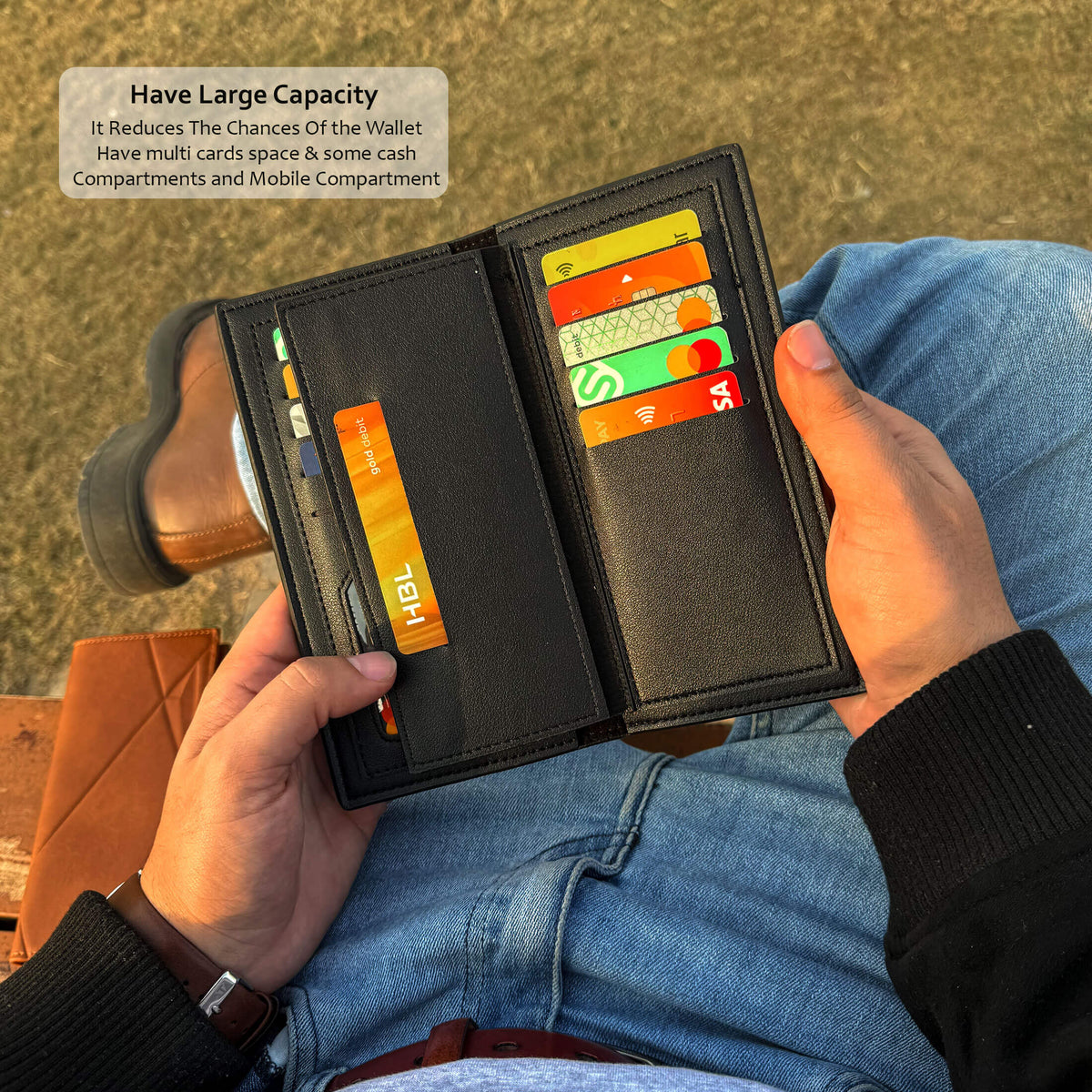 New Imported Long Leather Trifold Wallet For Cash & Cards - Black Rs 747