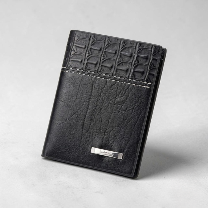 Balebaily Croc Texture Bifold Wallet – Compact Card Holder with ID Window, Cash Pocket & Tuck Lock - Black
