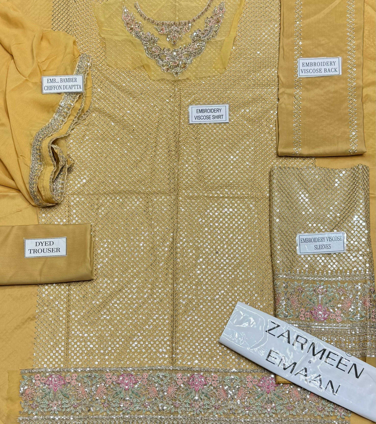 Zarmeen Emaan Artical-945 Fancy Embroidered Shirt Front Back Sleeves Neckline And Daman Patch With Viscose Trouser And Pure Bamber Dupatta