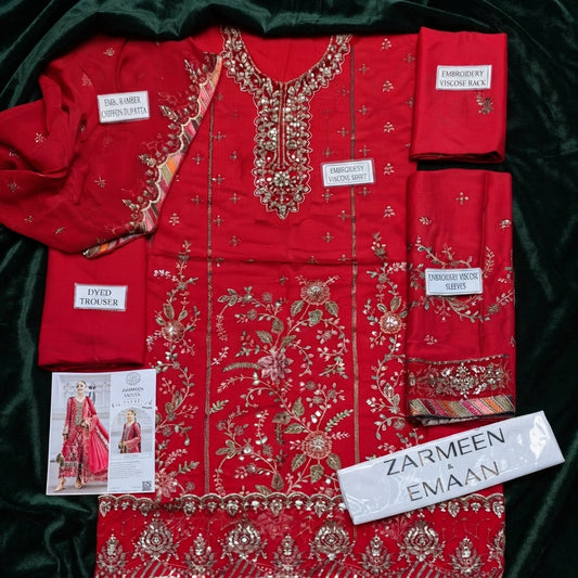 Zarmeen Emaan Luxury Embroidered Collection Shirt Front Back Sleeves Neckline Daman Patch Premium Viscose Trouser Pure Bamber Dupatta