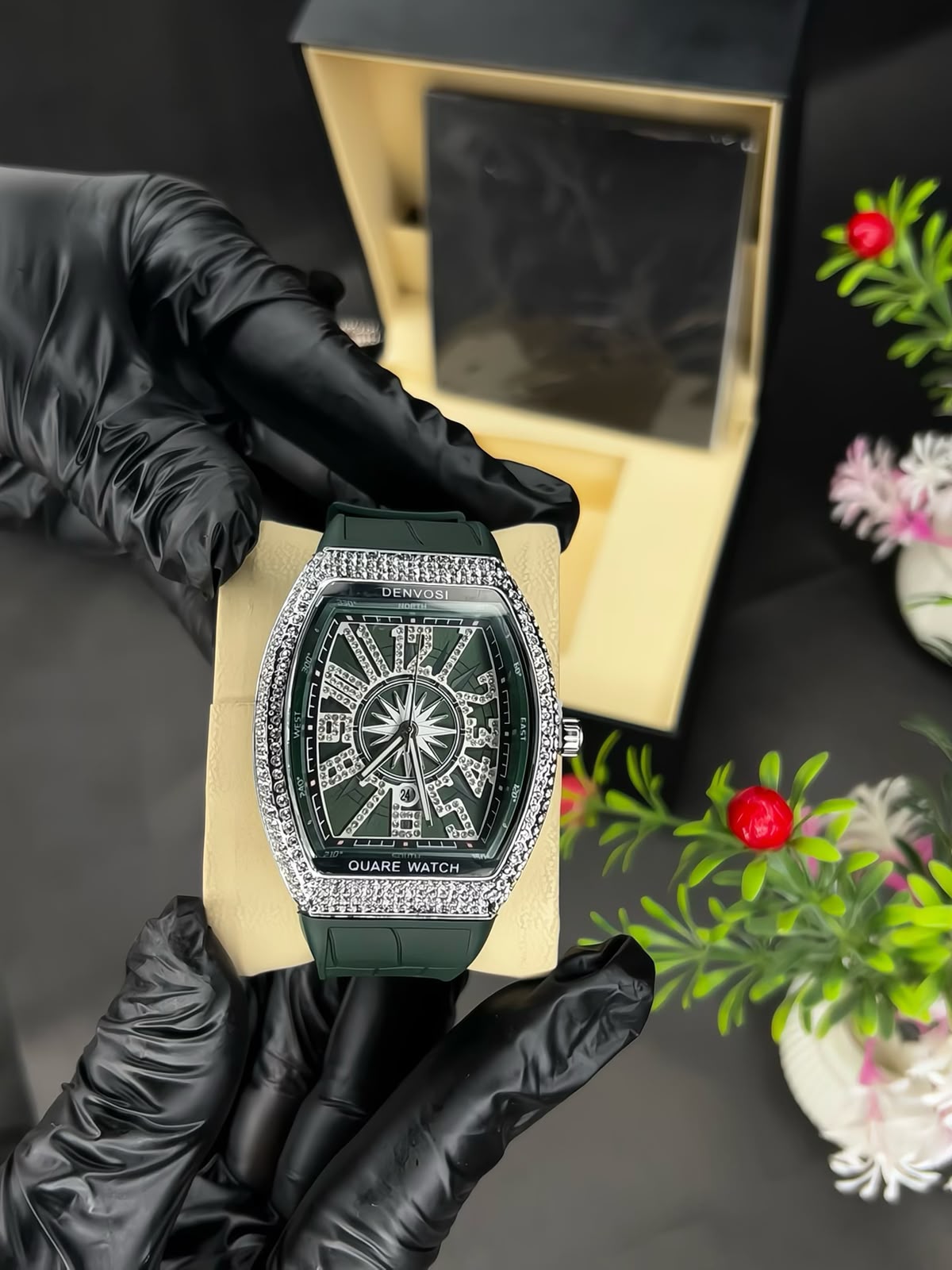 Denvosi Luxury Diamond Studded Strap Men’s Watch Elegant Durable Stylish Premium Choice For Parties Daily Wear And Special Occasions (Without Box) - Black