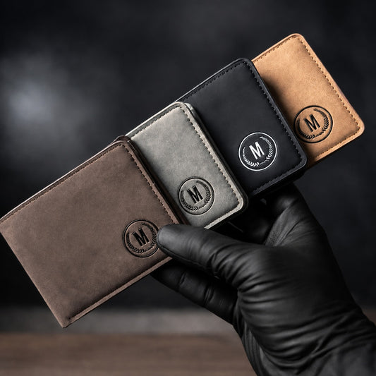 Premium Men's Leather Wallet – M Logo | 6 Card Slots | 2 Cash Pockets | 2 SIM Slots | Elegant Flap Design | 4 Colors - Black