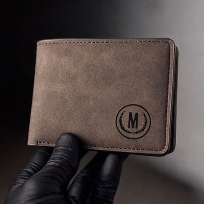 Premium Men's Leather Wallet – M Logo | 6 Card Slots | 2 Cash Pockets | 2 SIM Slots | Elegant Flap Design | 4 Colors - Black
