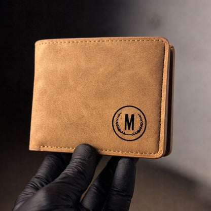 Premium Men's Leather Wallet – M Logo | 6 Card Slots | 2 Cash Pockets | 2 SIM Slots | Elegant Flap Design | 4 Colors - Black