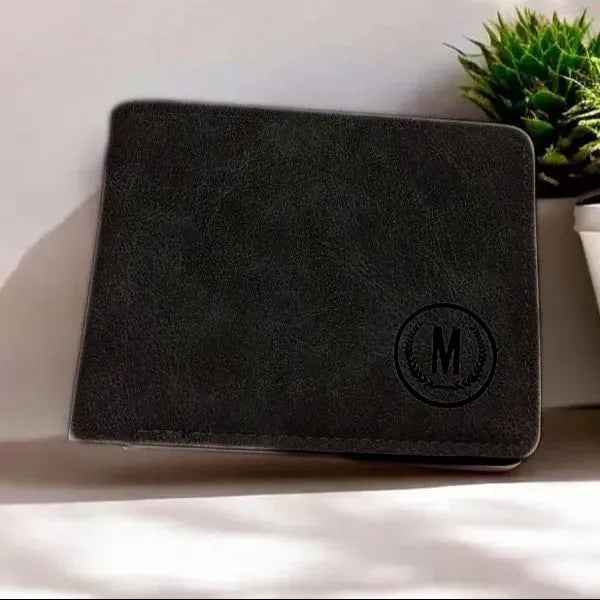 Premium Men's Leather Wallet – M Logo | 6 Card Slots | 2 Cash Pockets | 2 SIM Slots | Elegant Flap Design | 4 Colors - Black