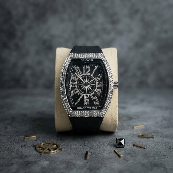 Denvosi Luxury Diamond Studded Strap Men’s Watch Elegant Durable Stylish Premium Choice For Parties Daily Wear And Special Occasions (Without Box) - Black