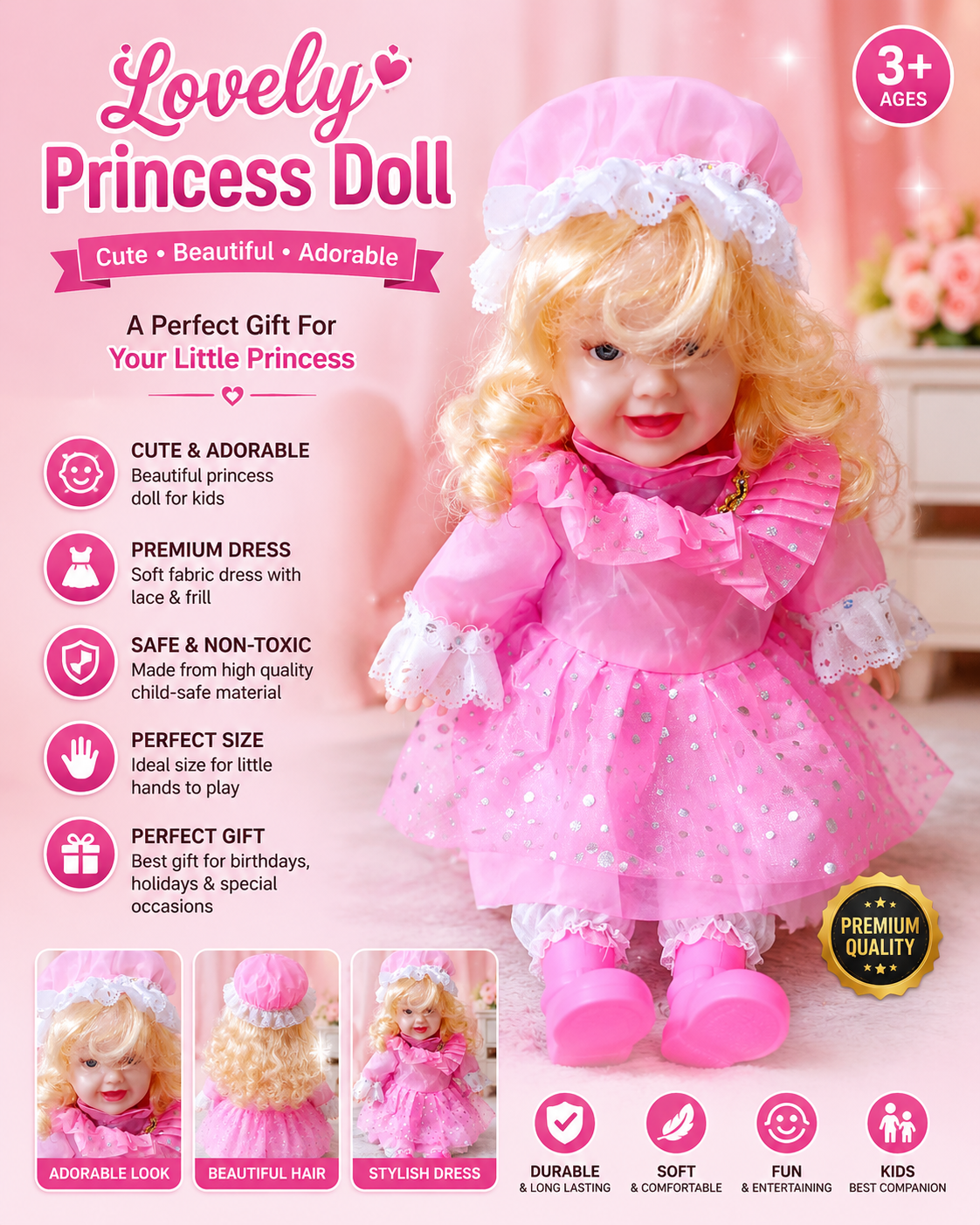 Lovely Princess Doll For Kids With Premium Lace And Frill Dress Soft Fabric And Durable Kid-Friendly Design For Birthdays Holidays And Special Occasions