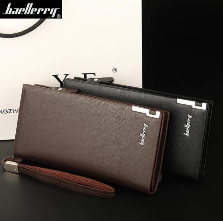 Baellerry Men's Long PU Leather Wallet Clutch with Wristlet Strap - Black