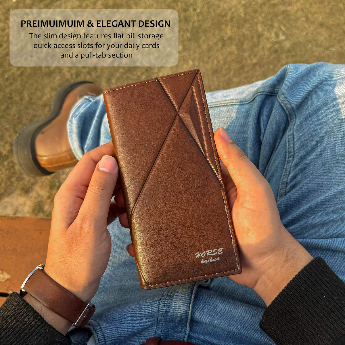 New Imported Long Leather Trifold Wallet For Cash & Cards - Black Rs 747