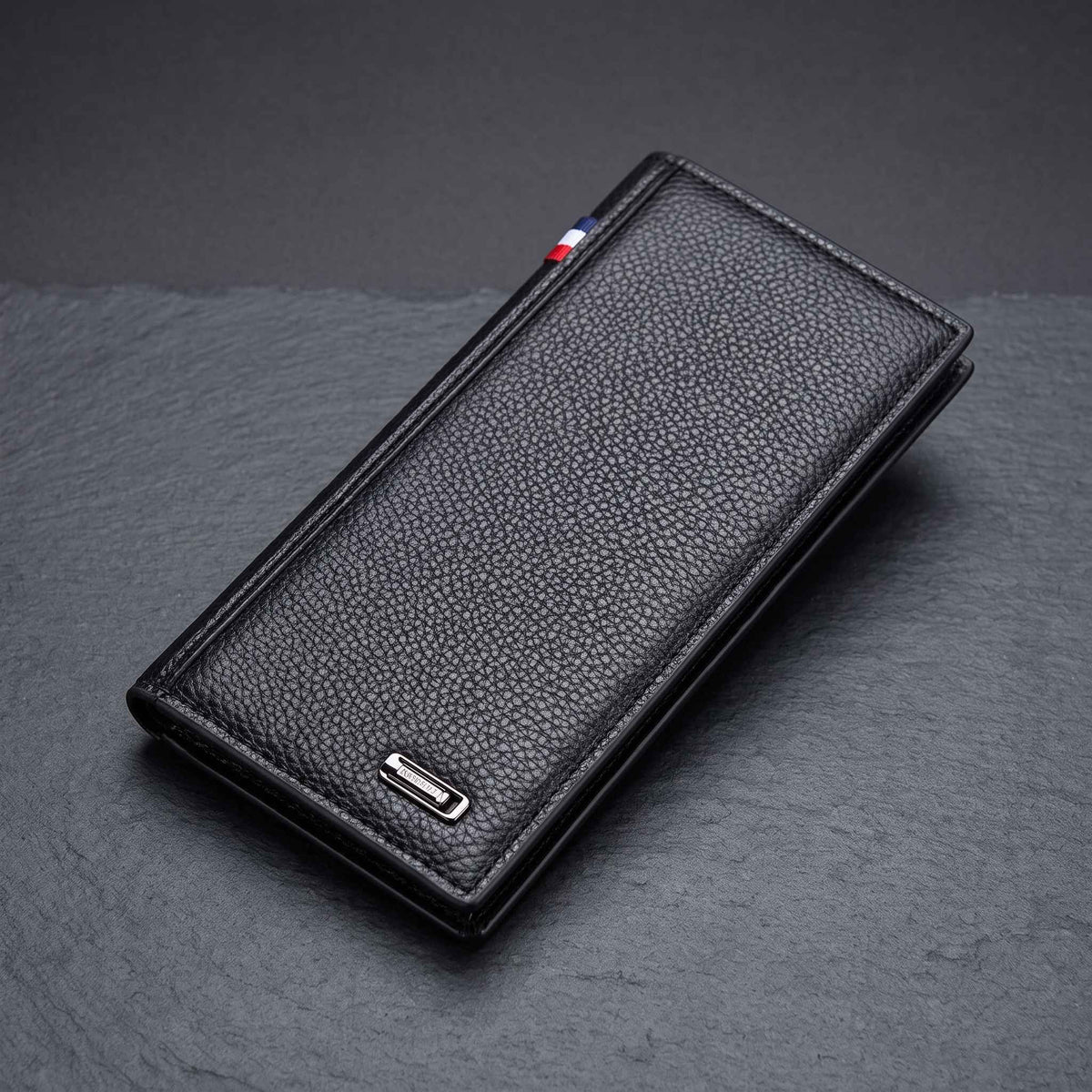 Men's Imported Long Textured Leather Wallet Clutch with Tricolor Accent - Black