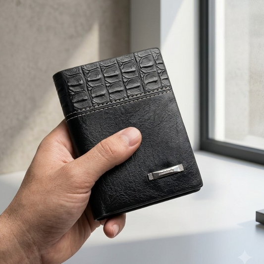 Balebaily Croc Texture Bifold Wallet – Compact Card Holder with ID Window, Cash Pocket & Tuck Lock - Black