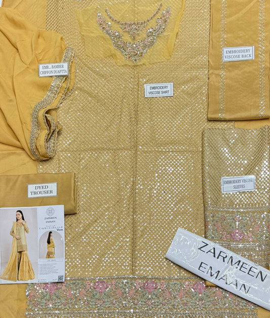 Zarmeen Emaan Artical-945 Fancy Embroidered Shirt Front Back Sleeves Neckline And Daman Patch With Viscose Trouser And Pure Bamber Dupatta