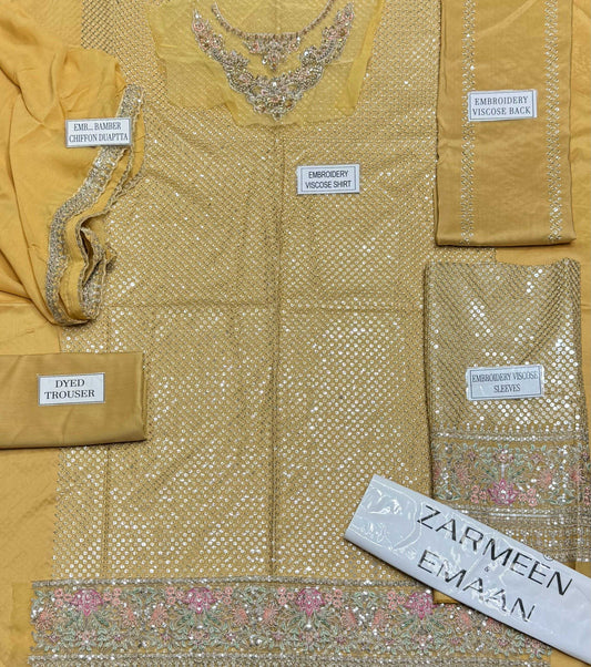 Zarmeen Emaan Artical-945 Fancy Embroidered Shirt Front Back Sleeves Neckline And Daman Patch With Viscose Trouser And Pure Bamber Dupatta