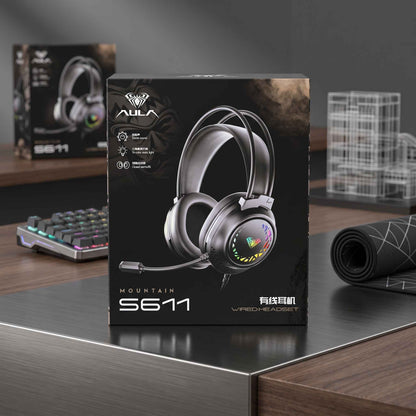 AULA S611 Wired Gaming Headset featuring immersive stereo sound, tri-color static LED lighting