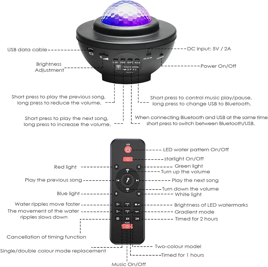 LED Night Light Starry Sky Projector with Bluetooth Speaker & Remote