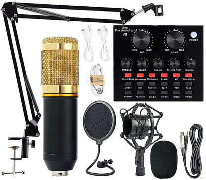 Premium V8 Pro Condenser Microphone Kit With Sound Card Professional Recording Microphone Set With Audio Sound Card For Streaming And Podcasting