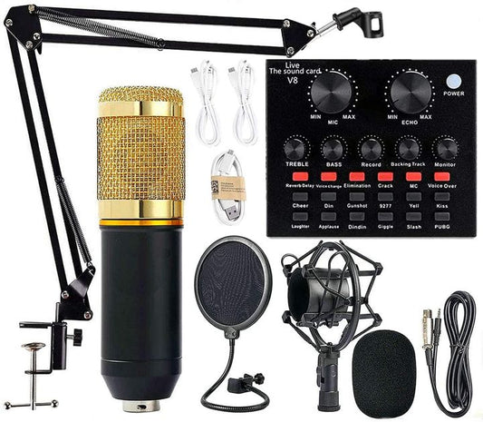 Premium V8 Pro Condenser Microphone Kit With Sound Card Professional Recording Microphone Set With Audio Sound Card For Streaming And Podcasting