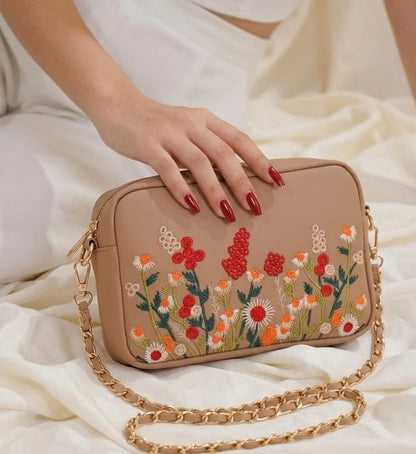 Floral Embroidered Chain Shoulder Bag for Women