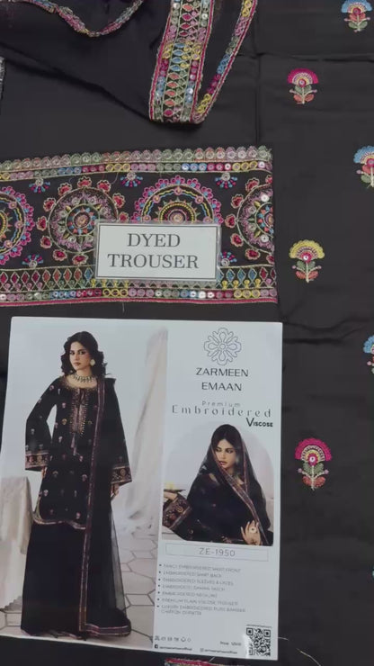 Zarmeen Emaan Artical-950 Fancy Embroidered Shirt Front Back Sleeves Laces Daman Patch Neckline With Premium Viscose Trouser And Pure Bamber Chiffon Dupatta