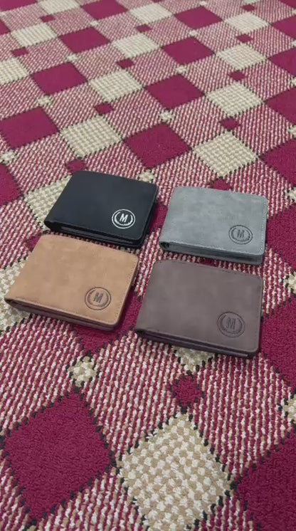 Premium Men's Leather Wallet – M Logo | 6 Card Slots | 2 Cash Pockets | 2 SIM Slots | Elegant Flap Design | 4 Colors - Black