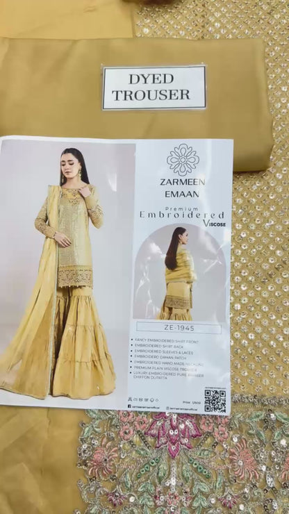 Zarmeen Emaan Artical-945 Fancy Embroidered Shirt Front Back Sleeves Neckline And Daman Patch With Viscose Trouser And Pure Bamber Dupatta
